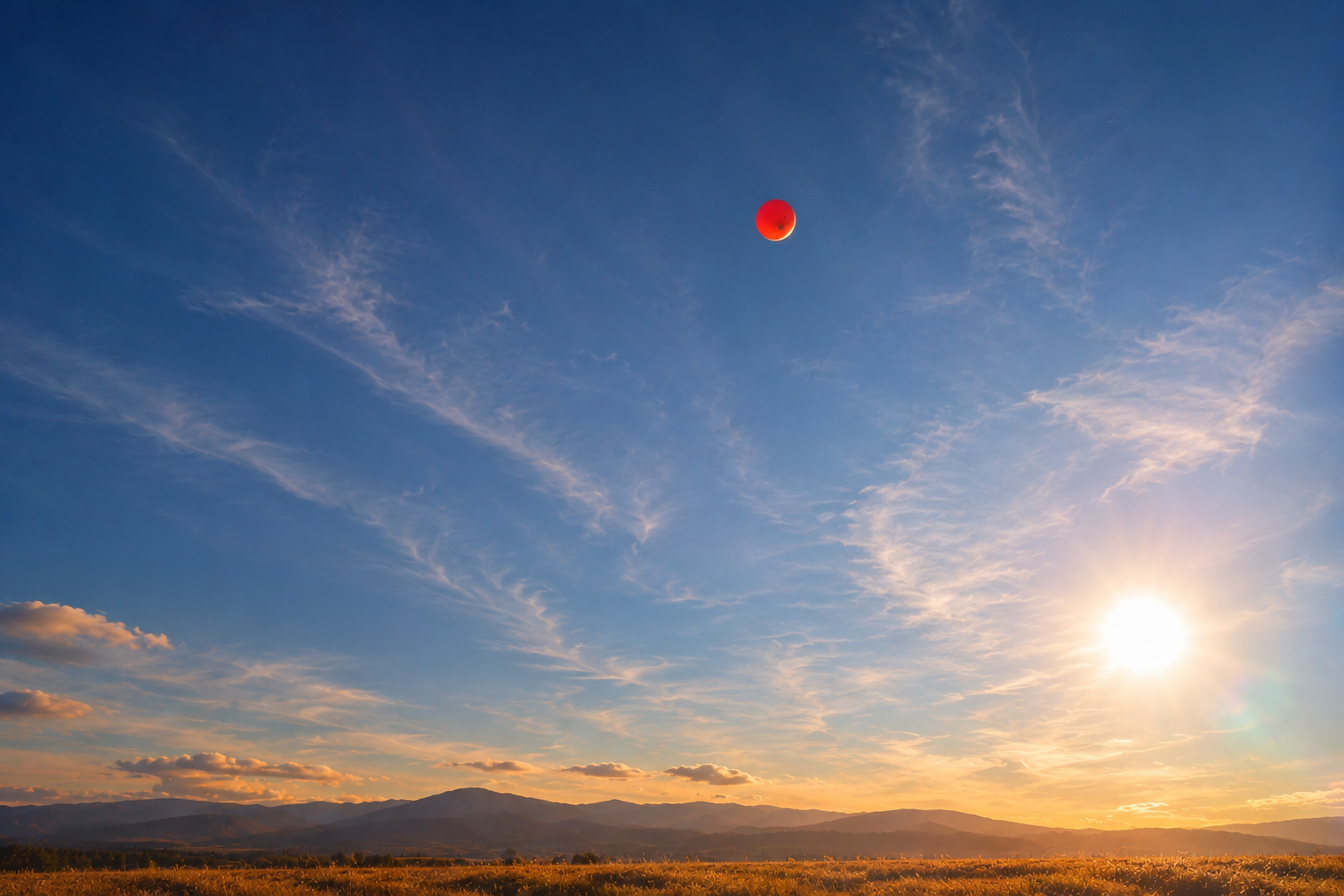 Weather balloon ascending into a sunset sky over Colorado mountains